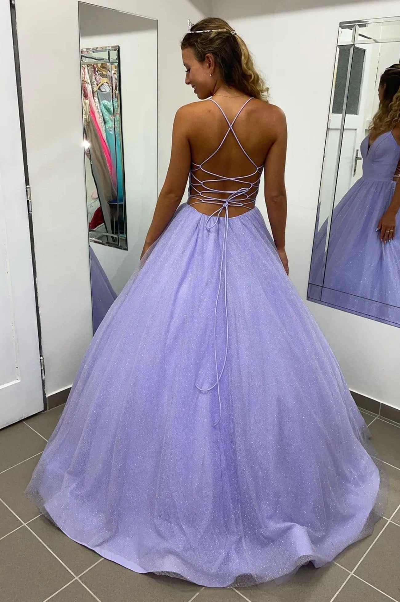 Luolandi Purple Tulle Long A-Line Prom Dress Backless Evening Dress Sexy
