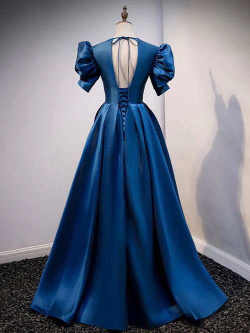 Luolandi Blue Satin Long Prom Dress with Short Sleeves Evening Formal Dress Elegant Evening Dress