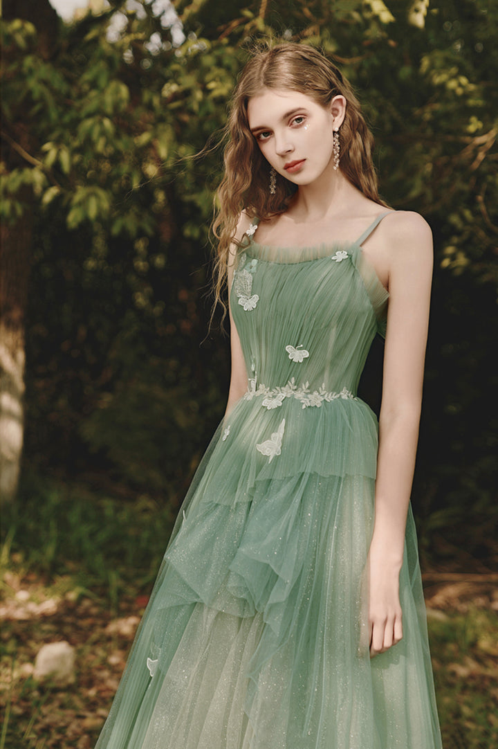 Luolandi Green Spaghetti Strap Tulle Lace Long Prom Dress Lovely A-Line Evening Dress With Butterfly