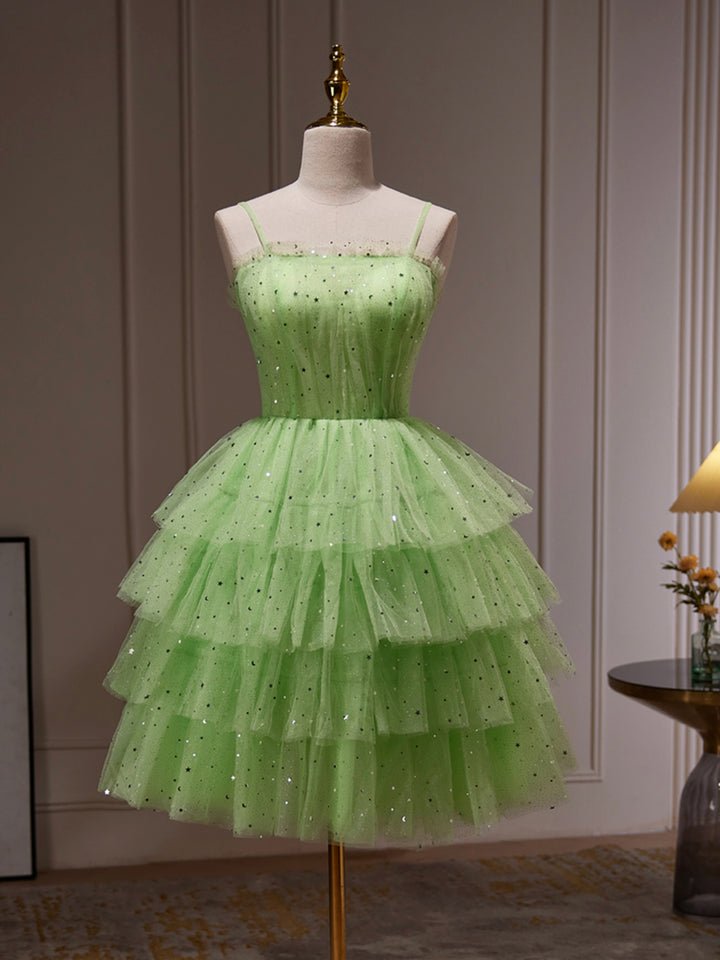 Luolandi Green Tulle Straps Short Party Dress Light Green Homecoming Dress Sparkly