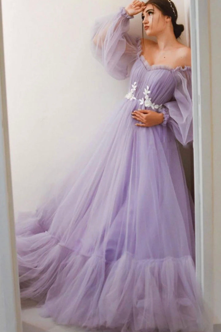 Luolandi Purple Tulle Lace Long Prom Dresses A-Line Evening Dresses Off Shoulder Party Dress