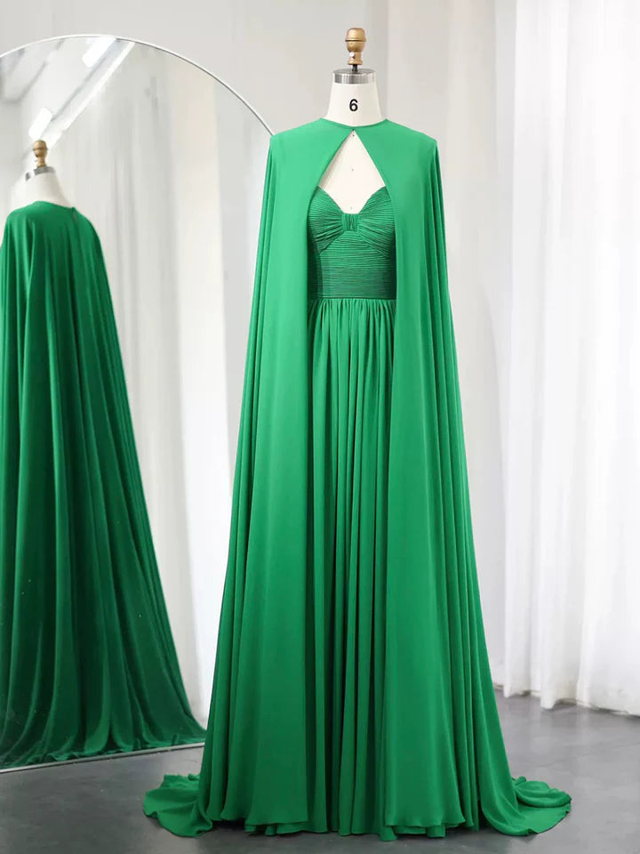 Luolandi Elegant Chiffon Long Evening Dress with Cape Sweetheart Green/Purple Women Wedding Party Gowns Floor Length