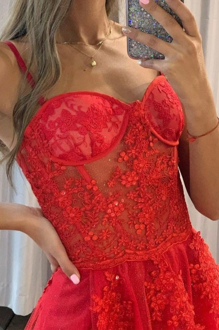 Luolandi Red Spaghetti Lace Long Prom Dress A-Line Evening Dress with Slit Sexy