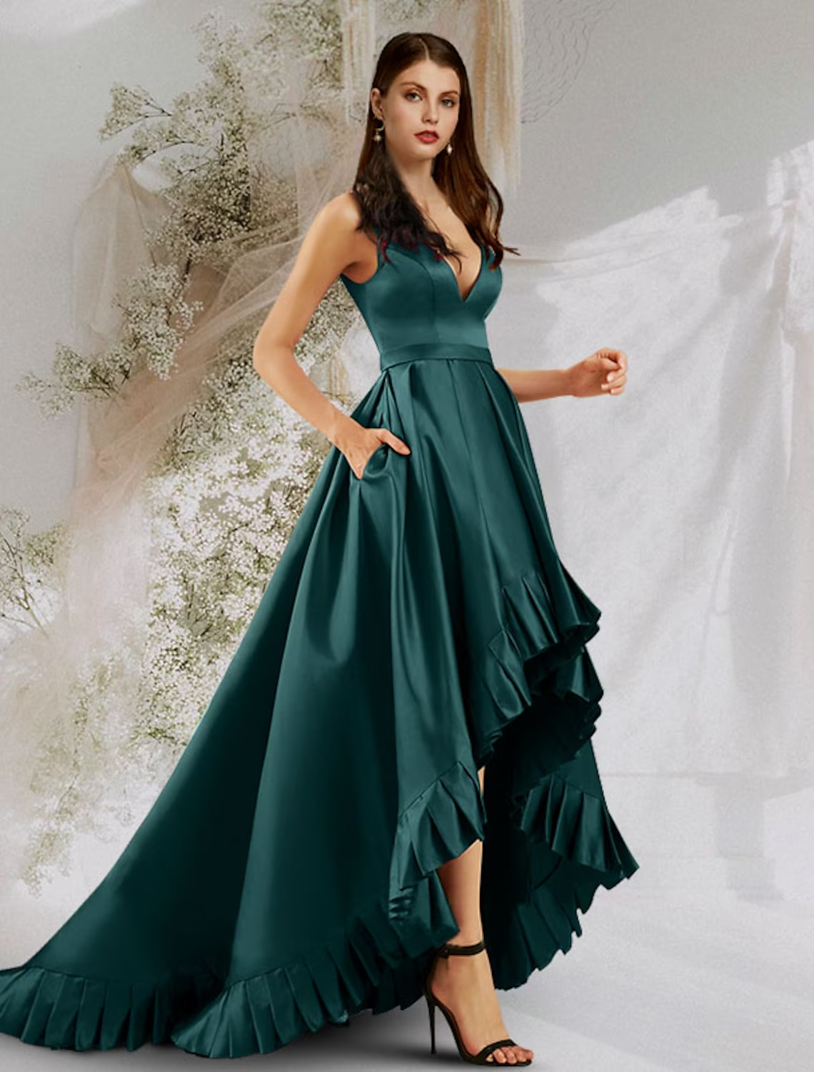 Luolandi A-Line Prom Dresses Minimalist Dress Prom Court Train Sleeveless V Neck Pocket Satin with Ruffles