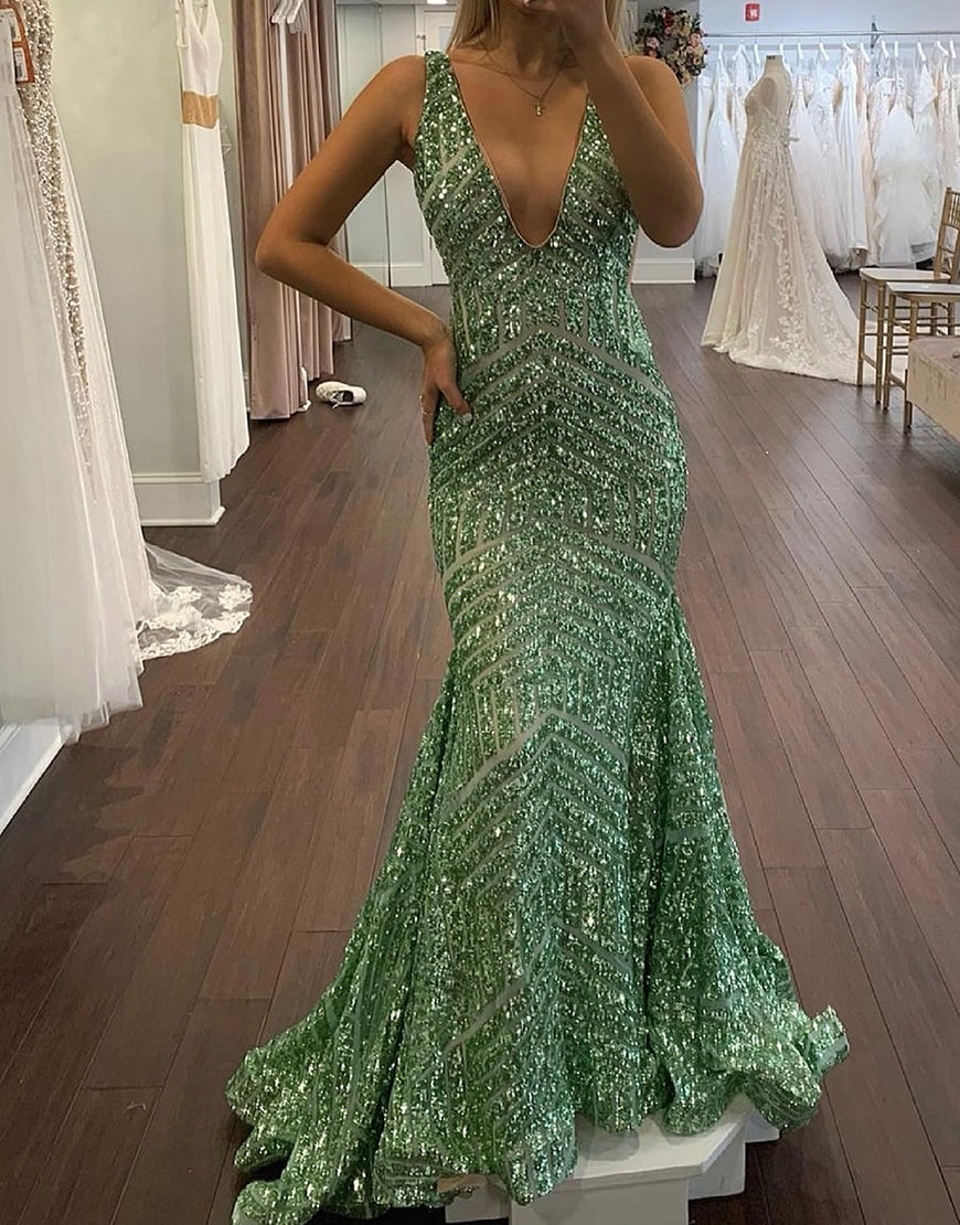 Luolandi Deep V-neck Sequin Mermaid Prom Dress Sexy Evening Dresses