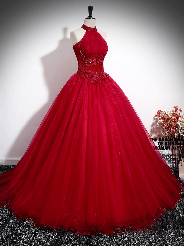 Luolandi Red A-Line Halter Long Prom Dress Backless Evening Formal Dress Floor Length