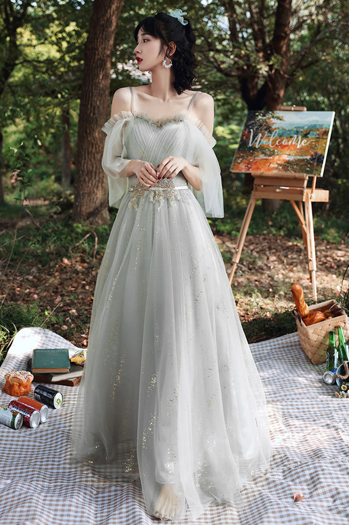 Luolandi Gray Tulle Lace Long A-Line Prom Dresses Tulle Bridesmaid Dresses Beautiful