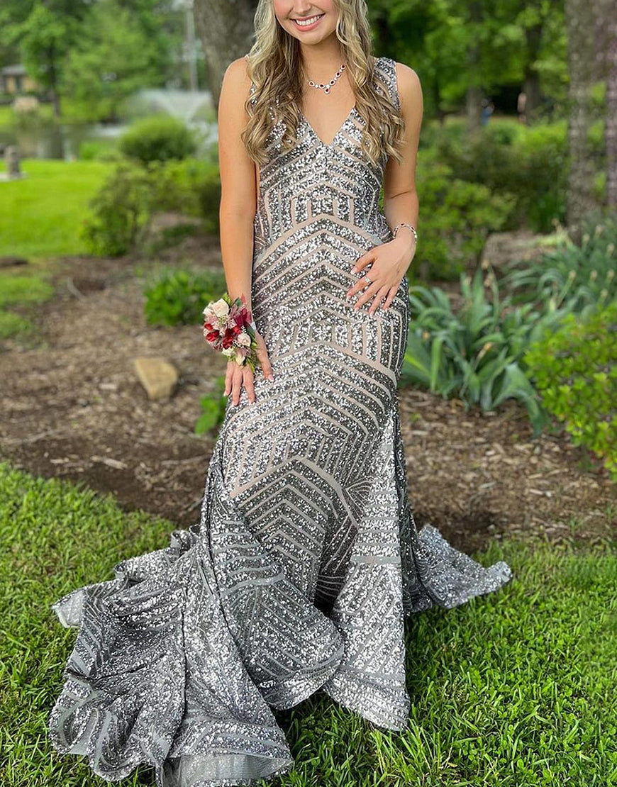 Luolandi Deep V-neck Sequin Mermaid Prom Dress Sexy Evening Dresses