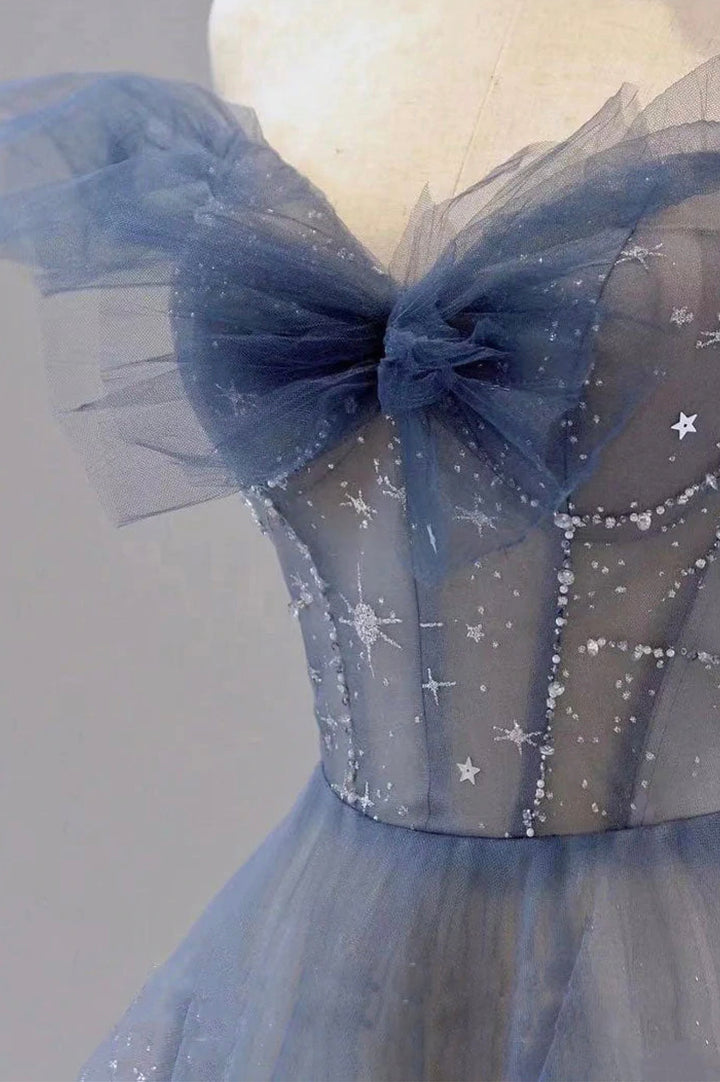 Luolandi A-Line Off Shoulder Layers Tulle Long Evening Dress Blue Formal Dress Sexy