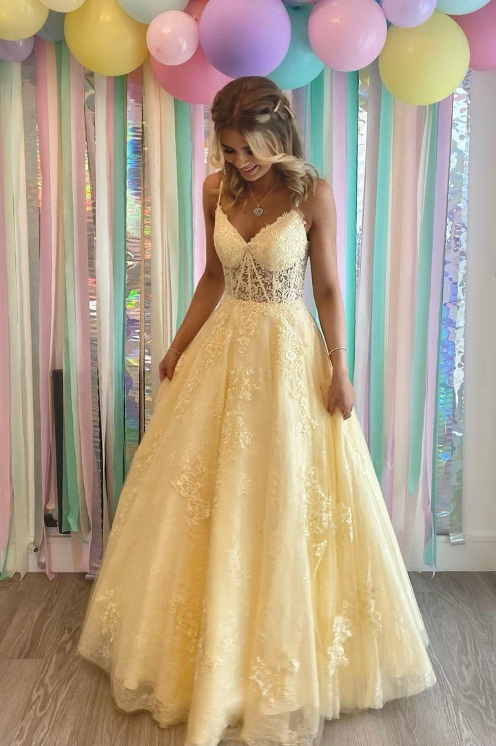 Luolandi Yellow V-Neck Lace Long Prom Dress A-Line Backless Evening Dress Sexy