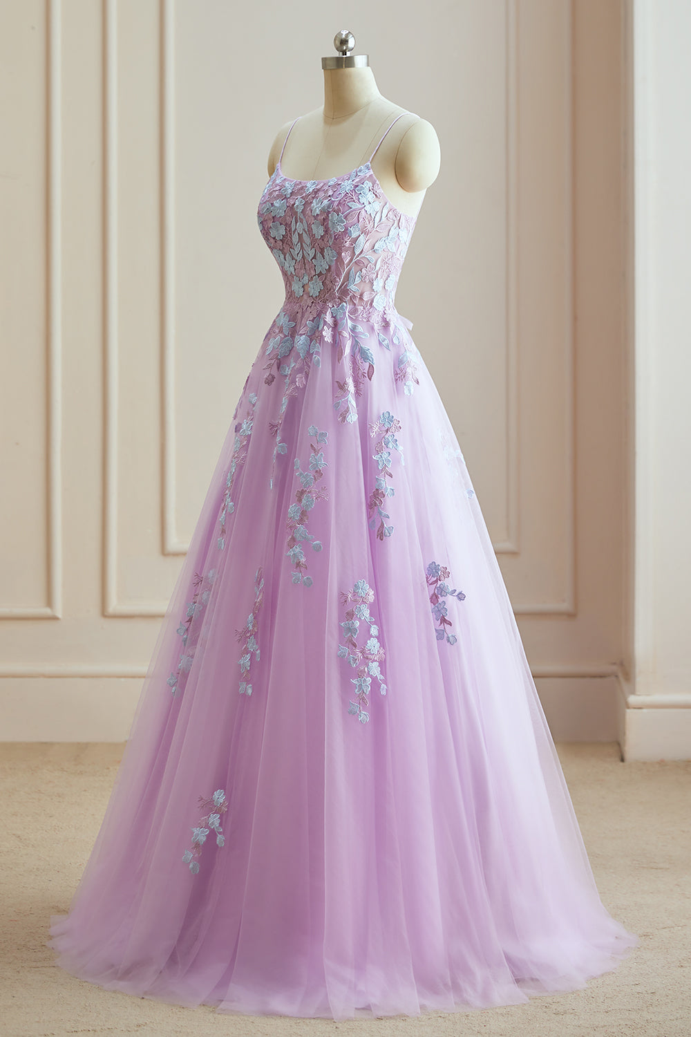 Luolandi Simple A Line Spaghetti Straps Tulle Long Prom Dresses With Applique Beautiful