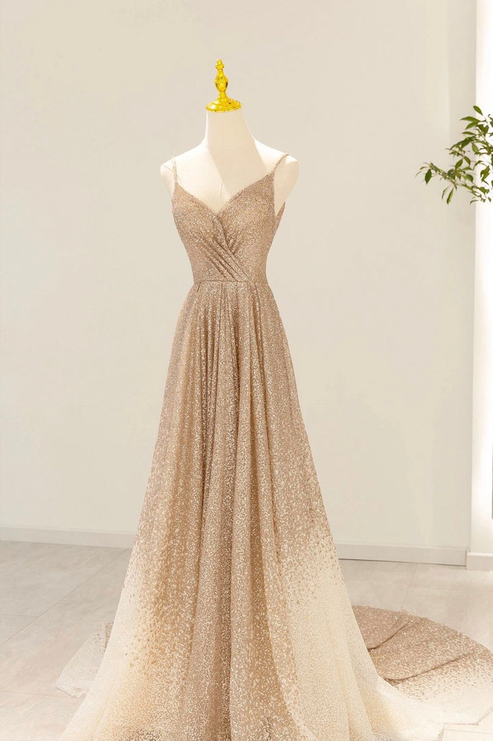 Luolandi Gold V-Neck Sequins Long Prom Dress A-Line Evening Party Dress Sparkly
