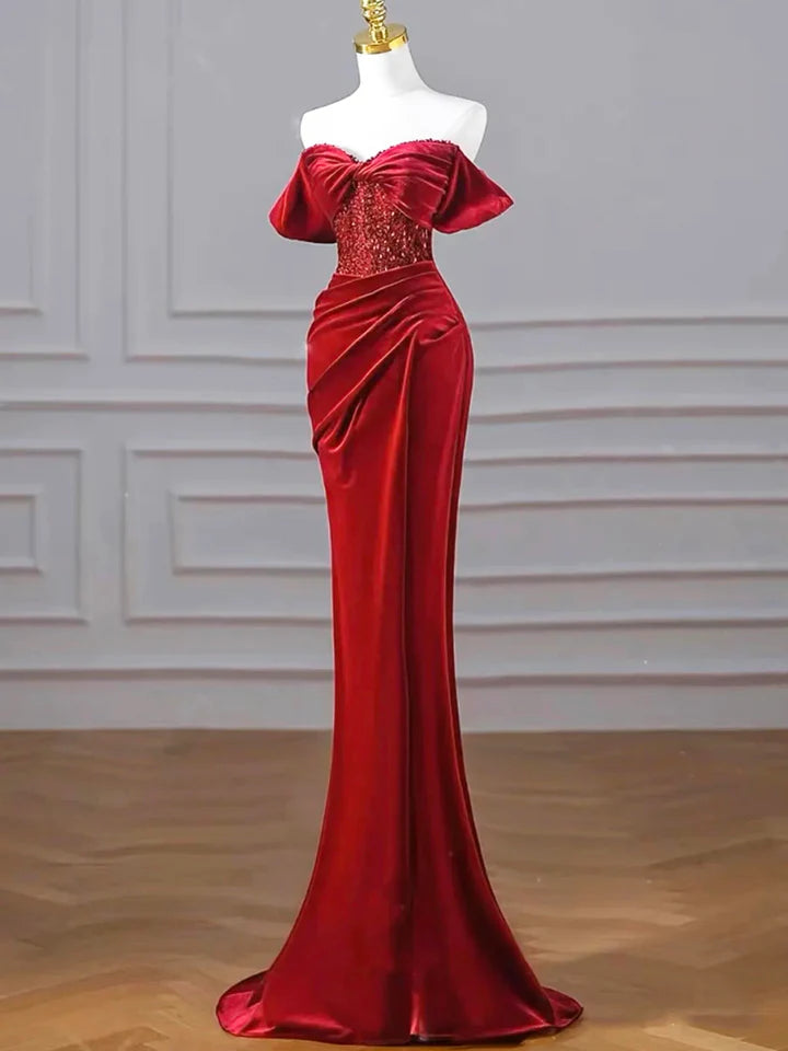 Luolandi Burgundy Velvet Sequins Long Prom Dress Mermaid Off the Shoulder Party Dress with Slit Sexy