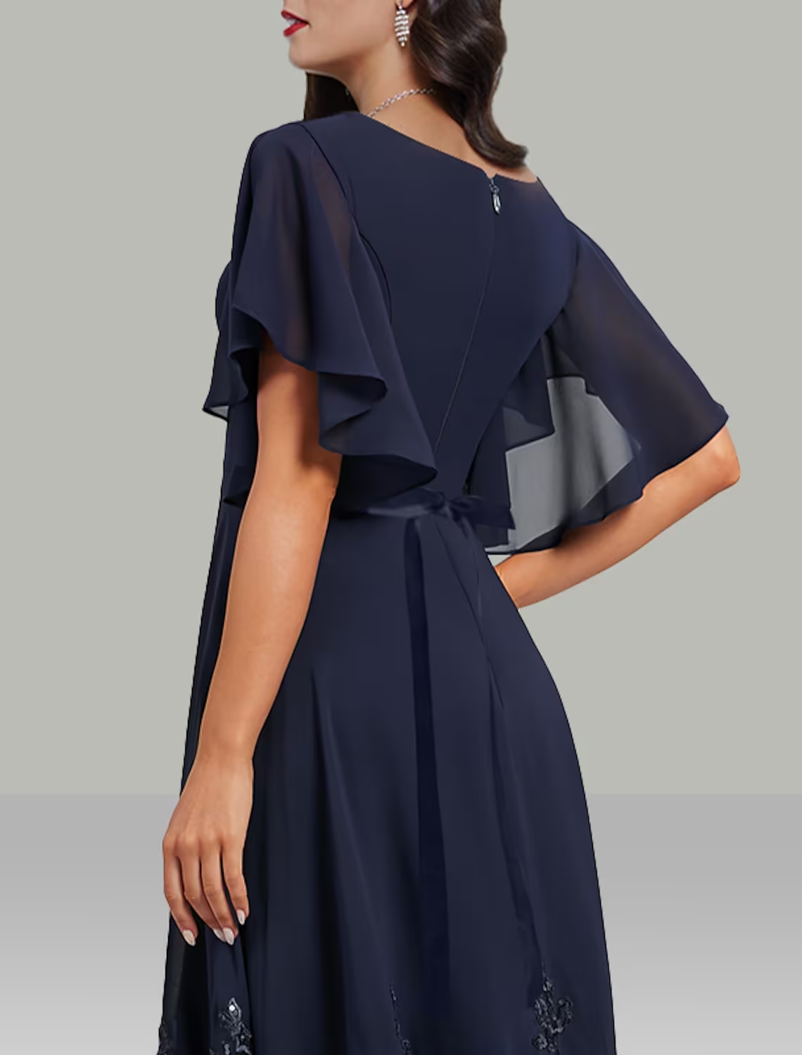 Luolandi A-Line Wedding Guest Dresses Elegant Dress Cocktail Party Tea Length Short Sleeve V Neck Belt / Sash Chiffon with Rhinestone Glitter