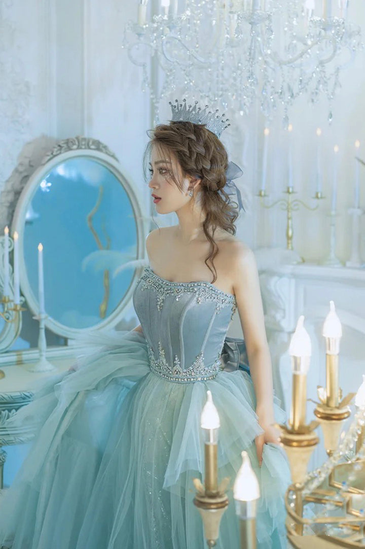 Luolandi Blue Strapless Tulle Sequins Long Prom Dresses Princess Evening Dresses Off Shoulder