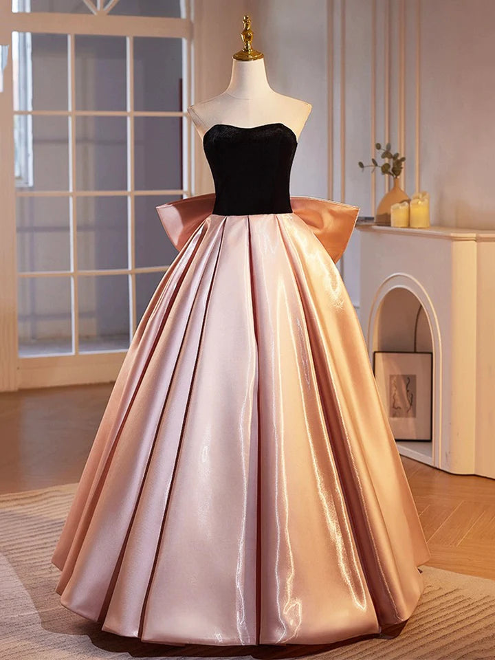 Luolandi Black Velvet and Pink Satin Floor Length Prom Dress Beautiful A-Line Strapless Party Dress With Bow