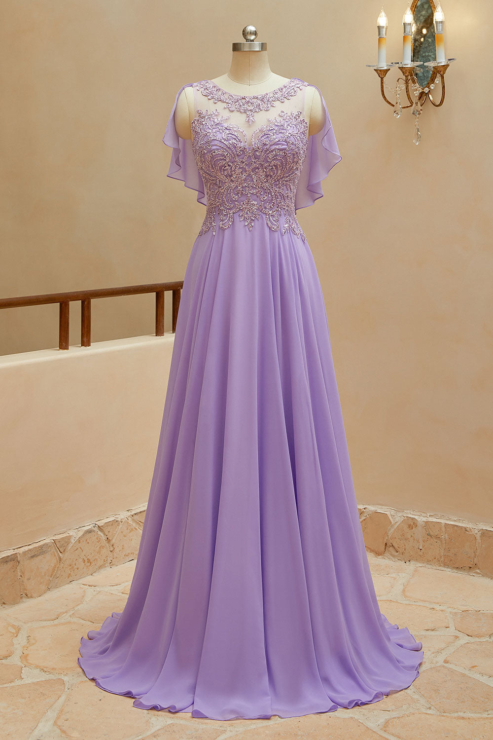 Luolandi A-Line Scoop Neck Chiffon Cap Sleeves Prom Dresses With Sequin Floor Length