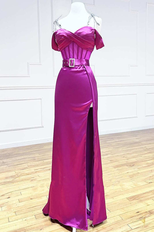 Luolandi A line Spaghetti Straps Sweetheart Prom Dresses with Slit Belted Sexy Evening Dresses