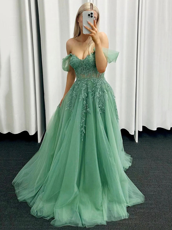 Luolandi Green Tulle Lace Long Prom Dress Off the Shoulder A-Line Evening Party Dress Sexy
