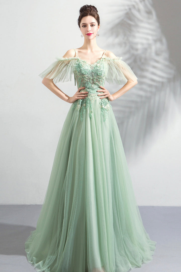 Luolandi Green Lace Floor Length Prom Dresses A-Line Off the Shoulder Evening Dress Party Dress
