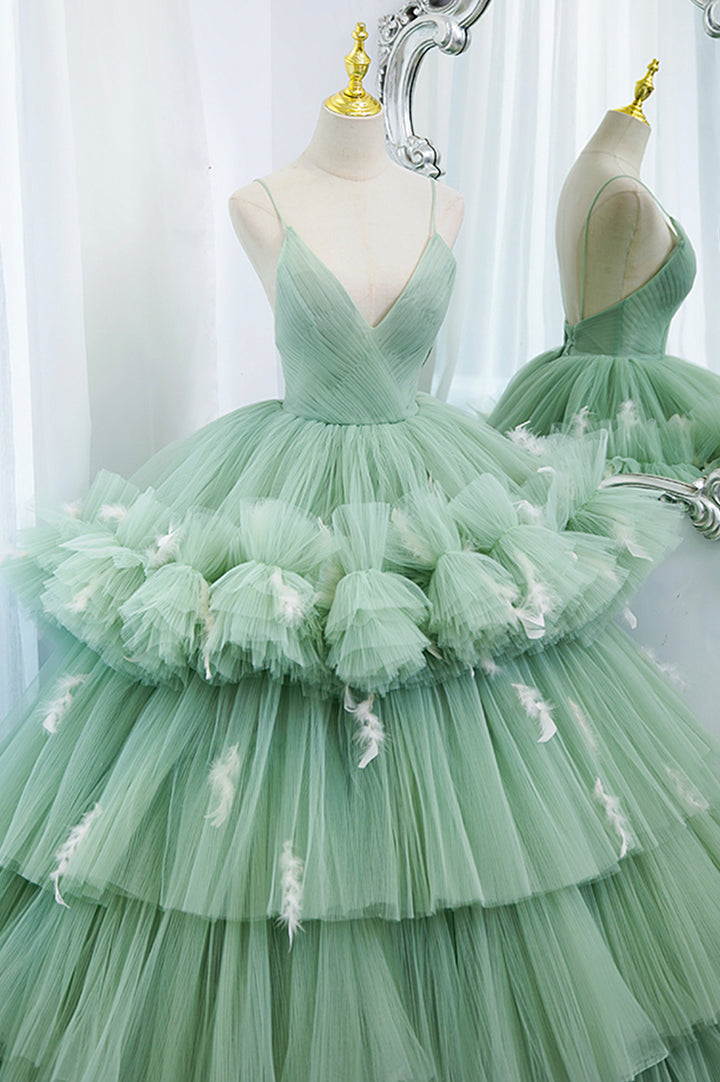 Luolandi Green V-Neck Layers Tulle Long Ball Gown A-Line Formal Gown Prom Dress