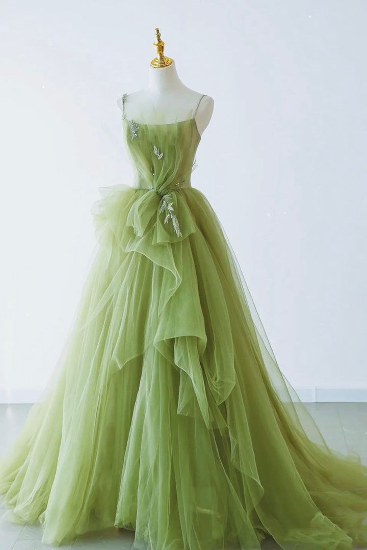 Luolandi Green Spaghetti Strap Tulle Long Formal Evening Dress A-Line Prom Dress