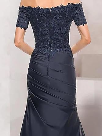 Luolandi Mermaid Mother of The Bride Dress Wedding Guest Elegant Vintage Off Shoulder V Neck Satin with Lace Ruched Floor Length