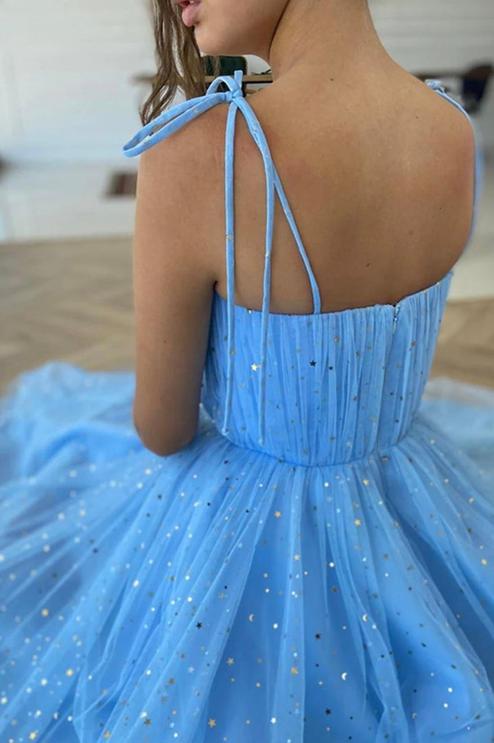 Luolandi Blue Spaghetti Strap Tulle Short Prom Dresses A-Line Evening Party Dresses Sparkly