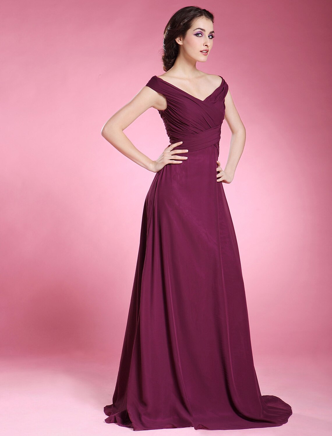 Luolandi A-Line Mother of the Bride Dress Off Shoulder V Neck Floor Length Chiffon Short Sleeve with Criss Cross