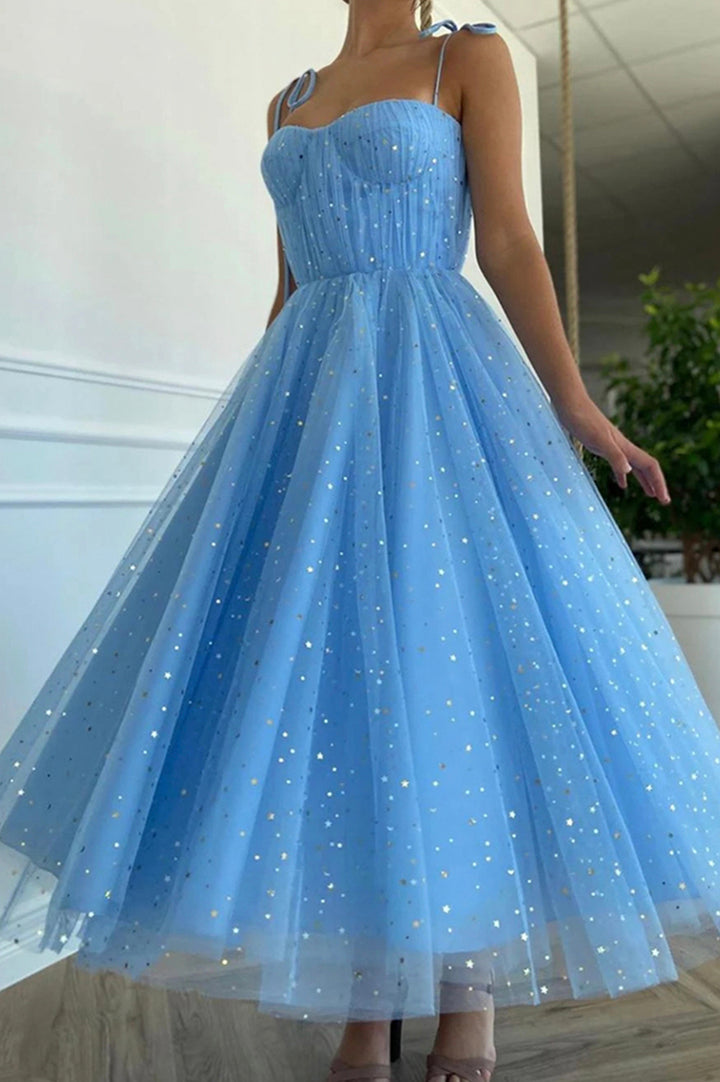 Luolandi Blue Spaghetti Strap Tulle Short Prom Dresses A-Line Evening Party Dresses Sparkly