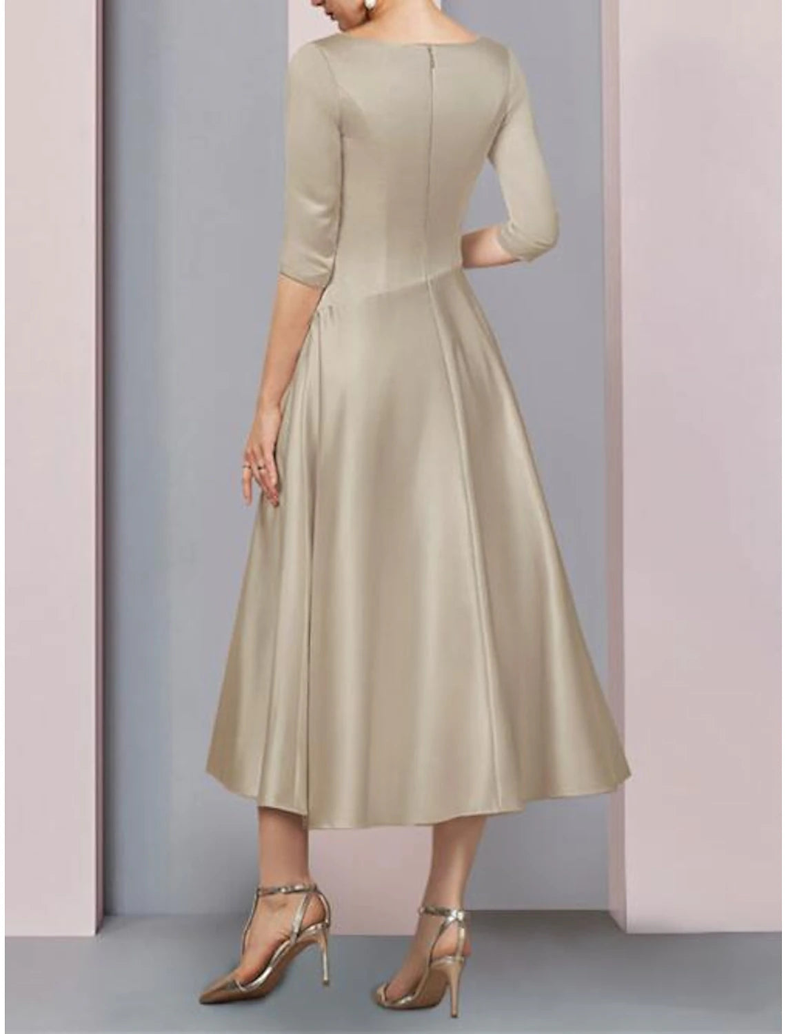 Luolandi A-Line Mother of the Bride Dress Fall Wedding Guest Vintage Plus Size Elegant V Neck Tea Length Satin 3/4 Length Sleeve