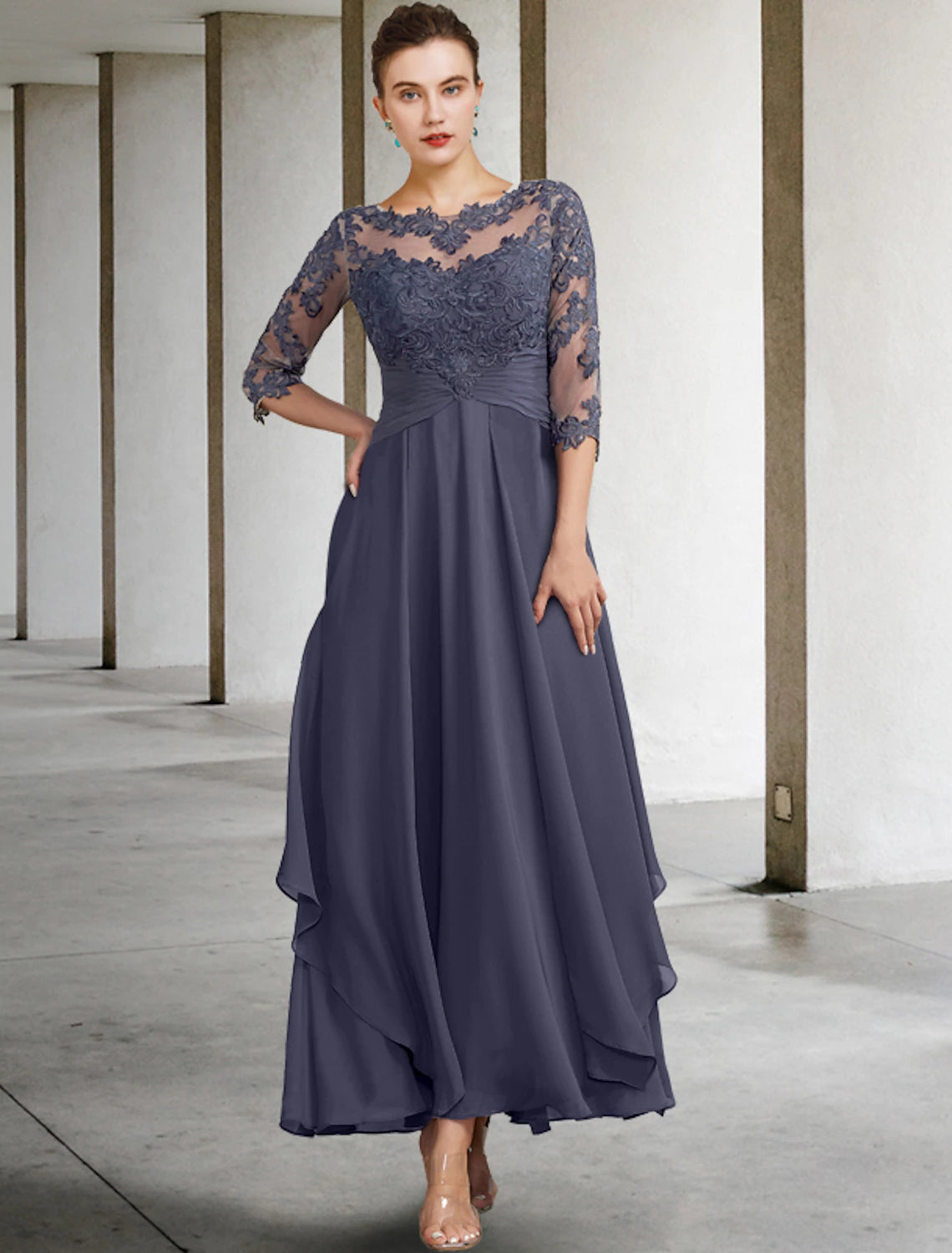 Luolandi A-Line Mother of the Bride Dress Plus Size Elegant Jewel Neck Ankle Length Chiffon Lace Half Sleeve