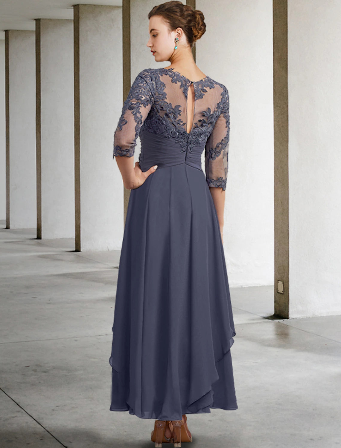 Luolandi A-Line Mother of the Bride Dress Plus Size Elegant Jewel Neck Ankle Length Chiffon Lace Half Sleeve