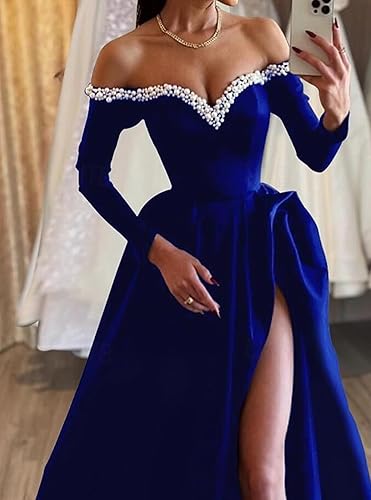 Luolandi A-Line Sexy Evening Dress Formal Prom Dress Sweep/Brush Train Long Sleeve Off Shoulder Satin with Pearls And Slit