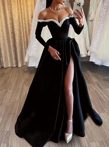 Luolandi A-Line Sexy Evening Dress Formal Prom Dress Sweep/Brush Train Long Sleeve Off Shoulder Satin with Pearls And Slit
