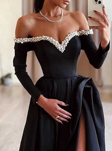 Luolandi A-Line Sexy Evening Dress Formal Prom Dress Sweep/Brush Train Long Sleeve Off Shoulder Satin with Pearls And Slit