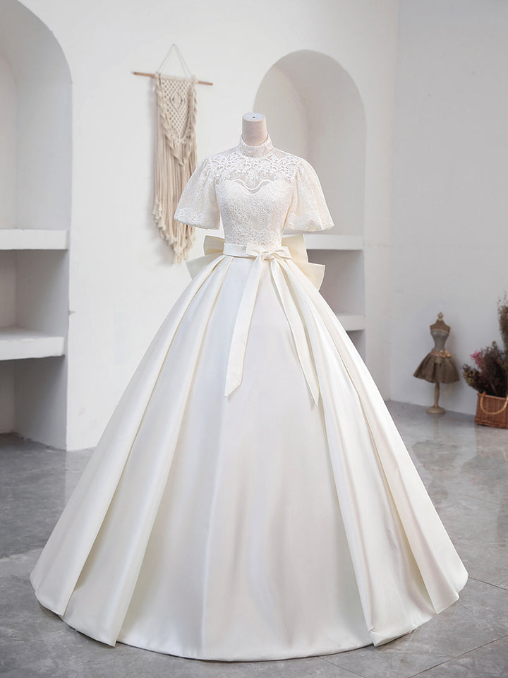Luolandi Beautiful Sweetheart Neck Satin Long Prom Dress with Detachable Lace Formal Wedding Dress