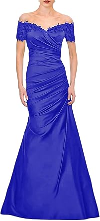 Luolandi Mermaid Mother of The Bride Dress Wedding Guest Elegant Vintage Off Shoulder V Neck Satin with Lace Ruched Floor Length