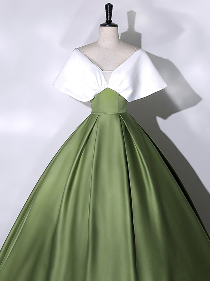 Luolandi +Green Satin Floor Length Prom Dress V-Neck Off the Shoulder Evening Dress Sexy