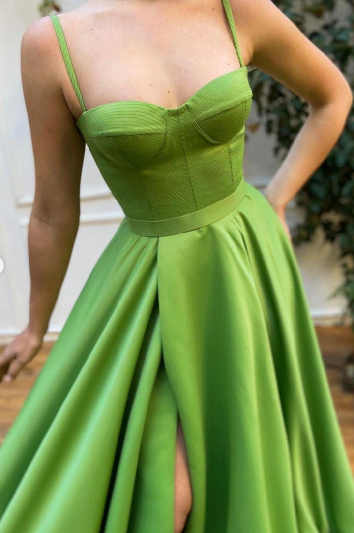 Luolandi Green Satin Long Prom Dresses A-Line Slit Evening Dresses Sexy