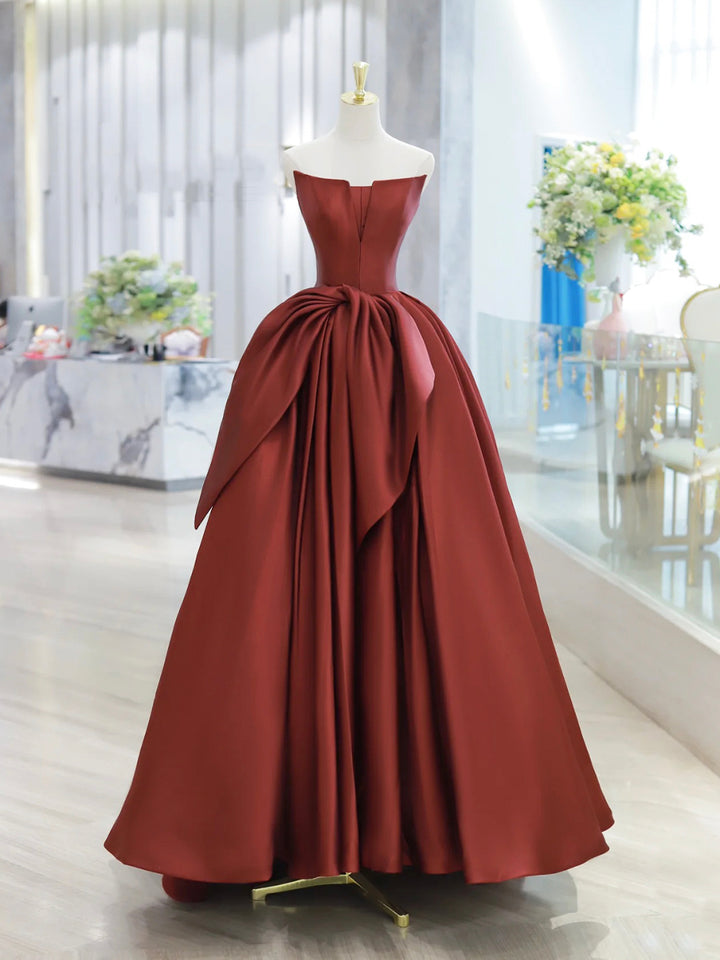 Luolandi Burgundy Strapless Satin Long Prom Dress Beautiful A-Line Evening Party Dress Off Shoulder
