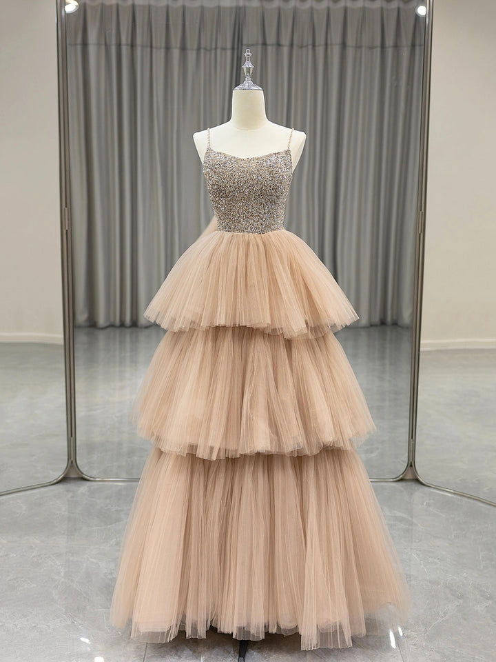 Luolandi Tulle Layers Long Party Dress with Beaded A-Line Beige Spaghetti Strap Evening Dress