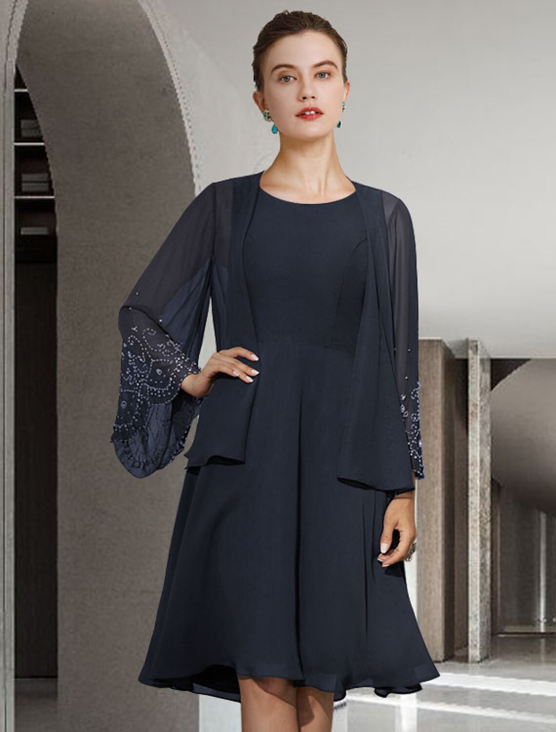 Luolandi Two Piece A-Line Mother of the Bride Dress Elegant Jewel Neck Knee Length Chiffon Sleeveless