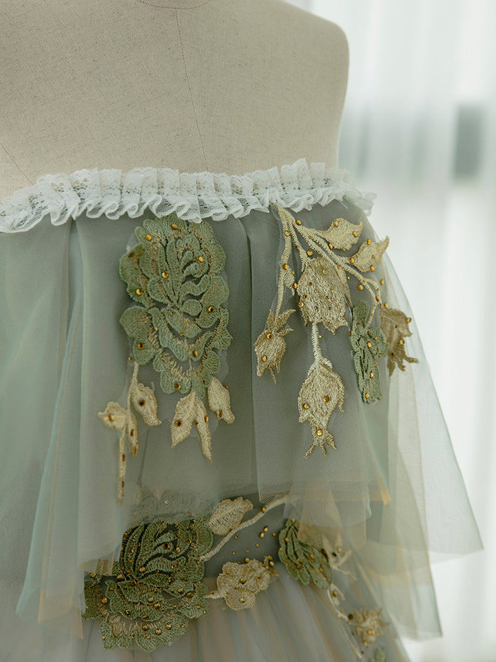 Luolandi Green Tulle Lace Long Prom Dress Off Shoulder Evening Party Dress