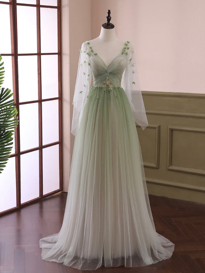 Luolandi Light Green Tulle Long Sleeve Prom Dress Gradient Floor Length Evening Dress