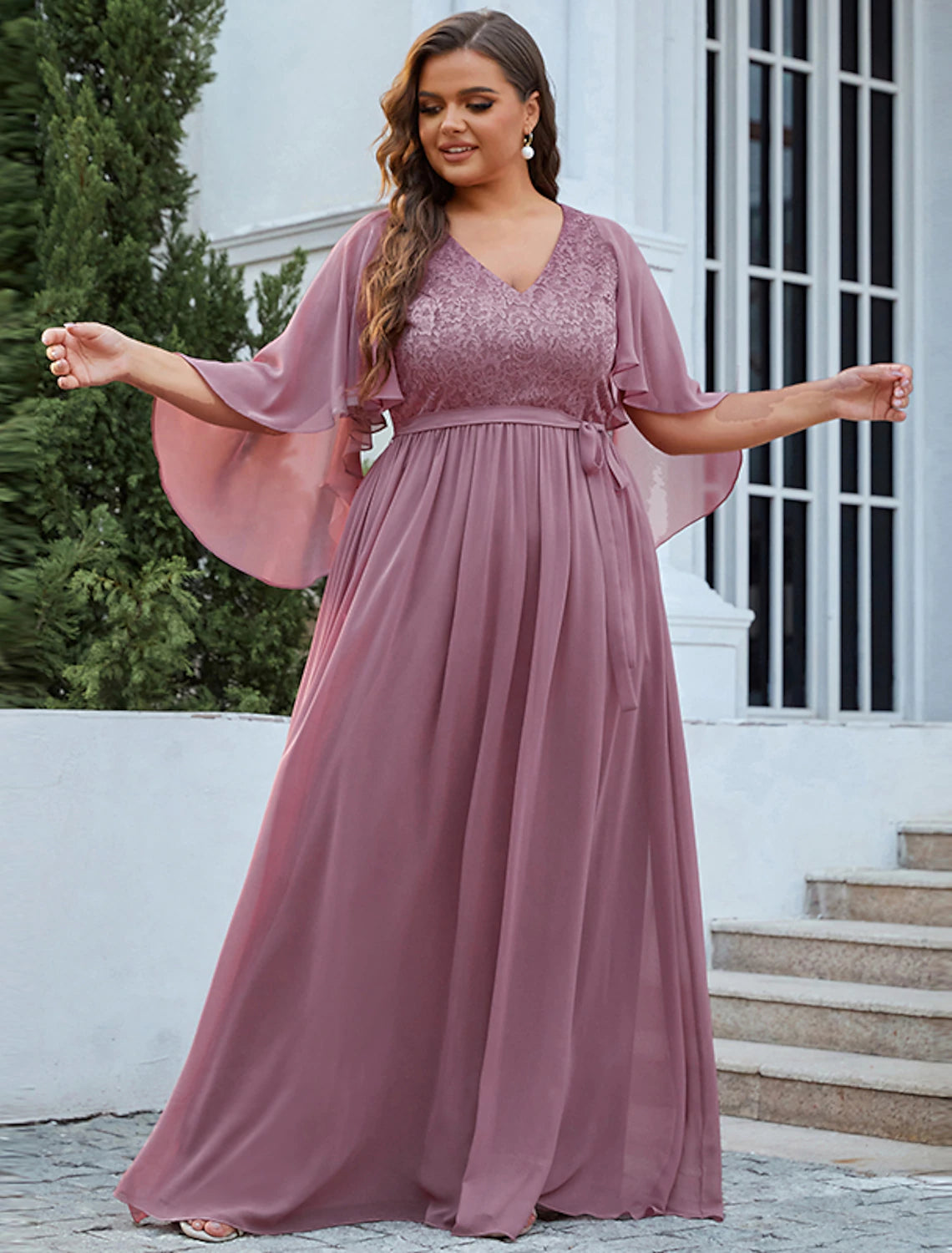 Luolandi A-Line Mother of the Bride Dress Plus Size Elegant V Neck Floor Length Chiffon Tulle Half Sleeve with Sash