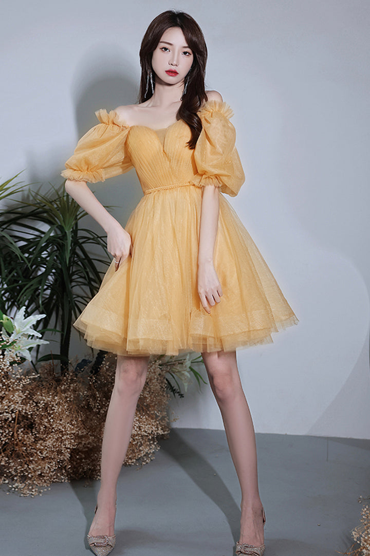Luolandi Yellow Tulle Short A-Line Prom Dress Party Dress Pure Color