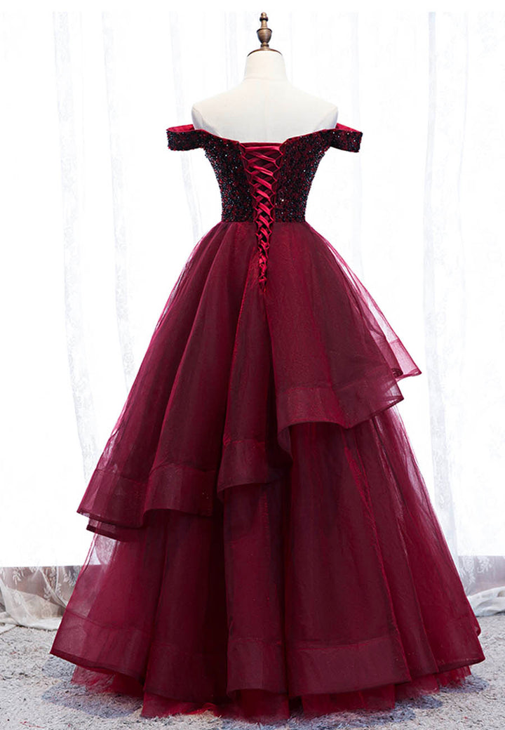 Luolandi Burgundy Tulle Long A-Line Prom Dresses Off the Shoulder Evening Dresses Sexy