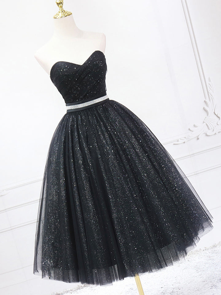 Luolandi Black Shiny Tulle Tea Length Prom Dress Strapless A-Line Party Dress Homecoming Dresses
