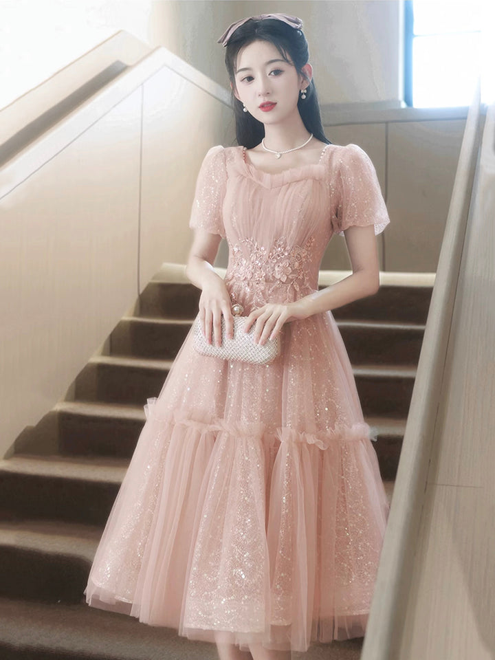 Luolandi Pink Tulle Sweetheart Short Prom Dress Short Sleeve Party Dress Formal Dress